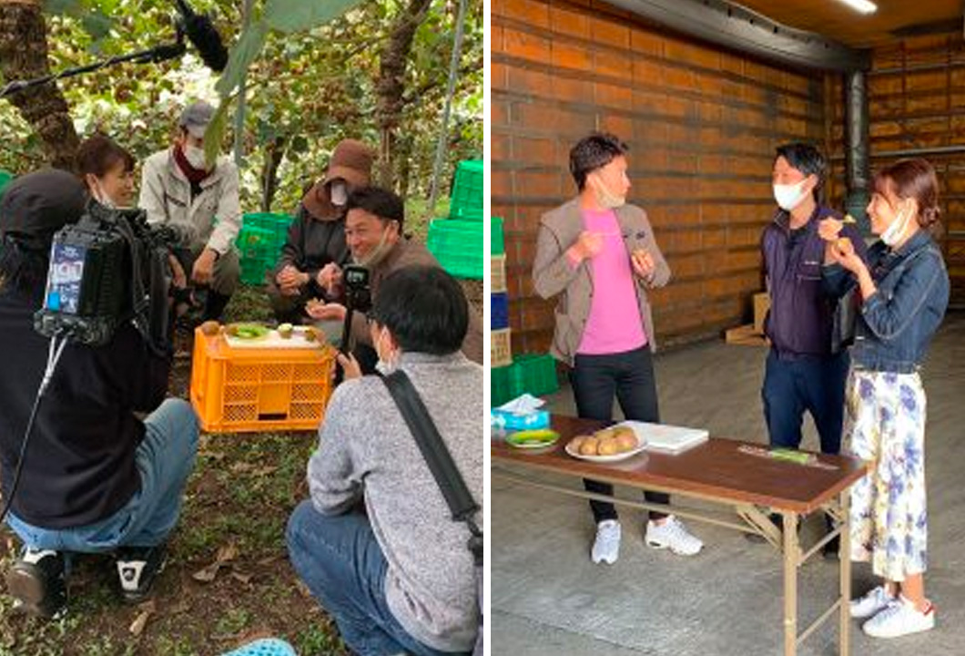 写真左：持丸副部会長の園地で行われた撮影、写真右：キウイフルーツ追熟施設で行われた撮影